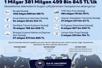 1 Milyar 381 Milyon 499 Bin 845 TL Destek Ödeniyor